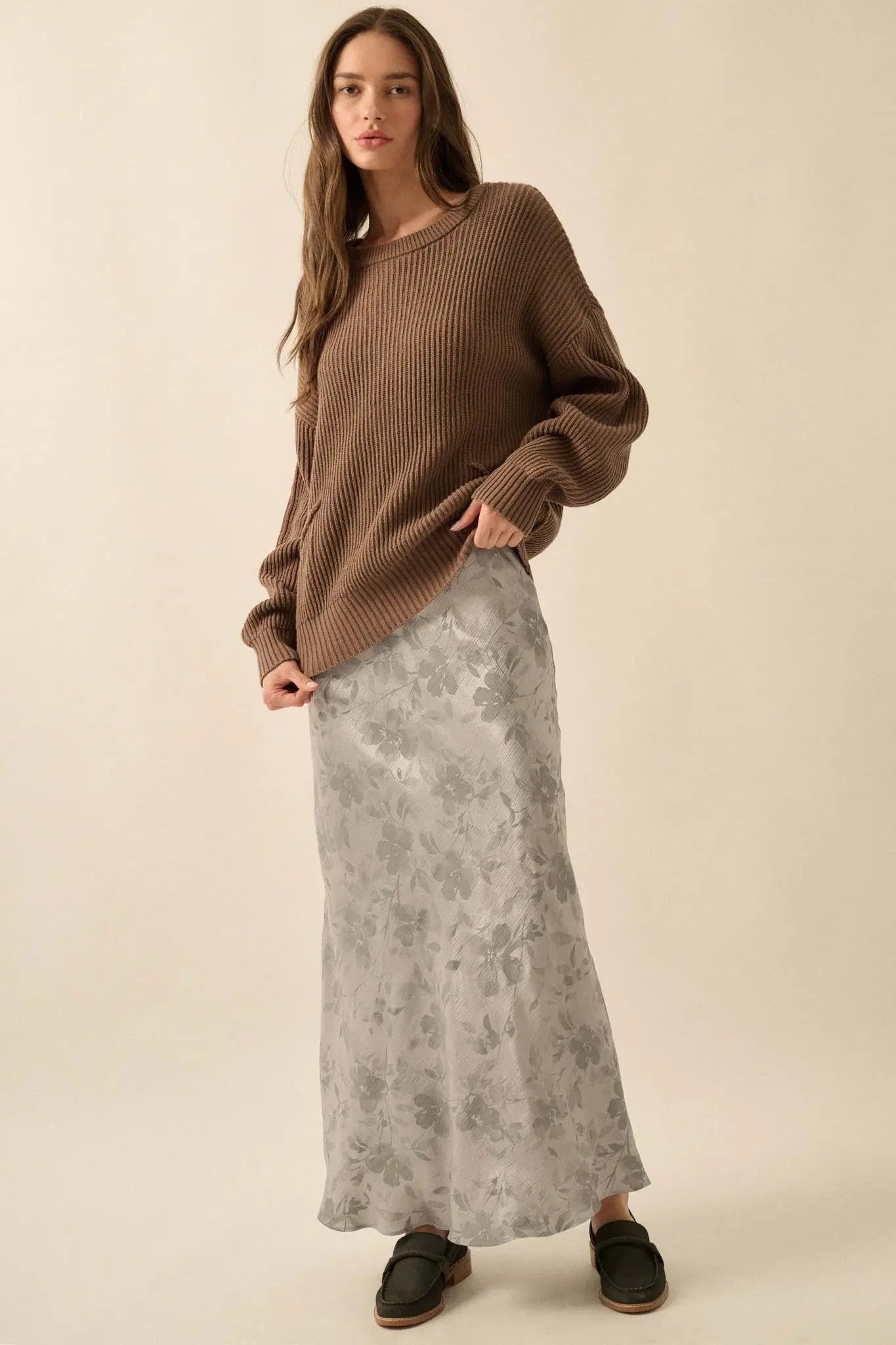 Flashy Flowers Floral Satin Maxi Skirt