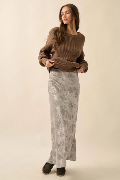 Flashy Flowers Floral Satin Maxi Skirt