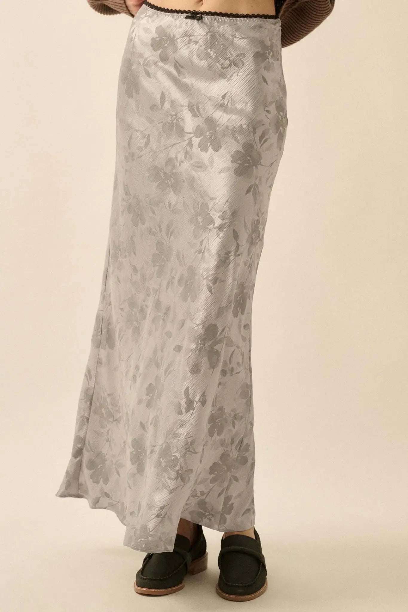 Flashy Flowers Floral Satin Maxi Skirt