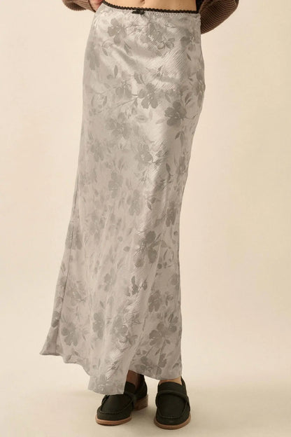 Flashy Flowers Floral Satin Maxi Skirt