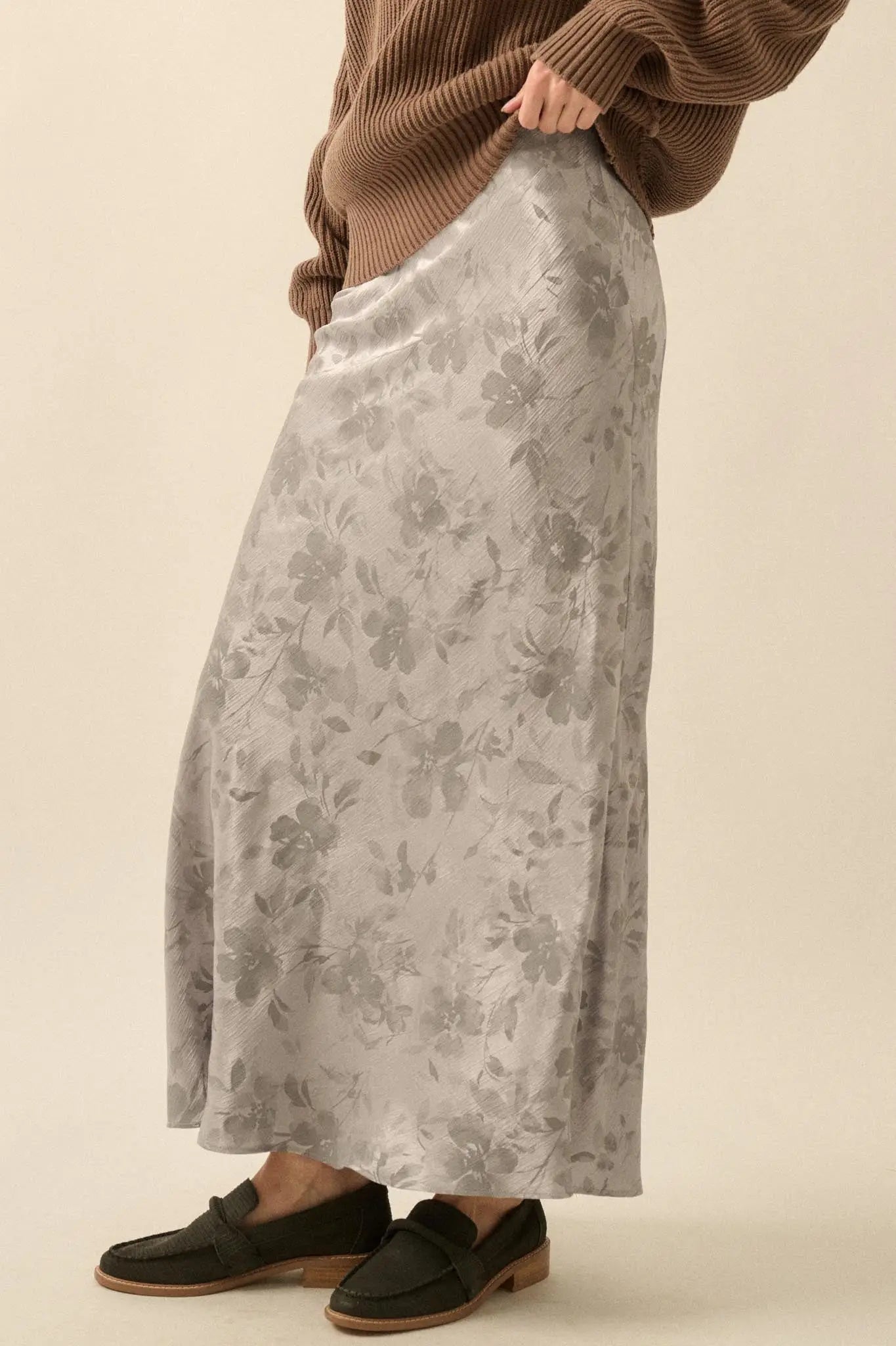 Flashy Flowers Floral Satin Maxi Skirt