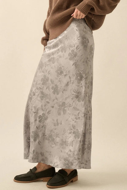 Flashy Flowers Floral Satin Maxi Skirt