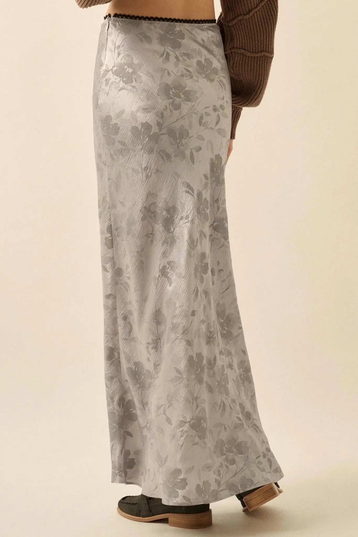 Flashy Flowers Floral Satin Maxi Skirt