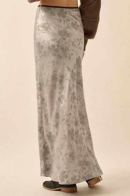 Flashy Flowers Floral Satin Maxi Skirt