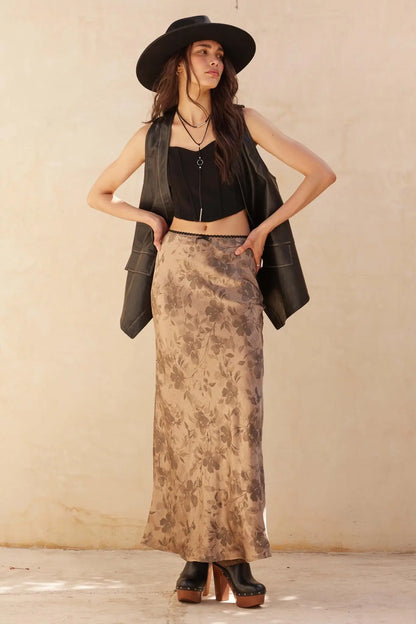 Flashy Flowers Floral Satin Maxi Skirt