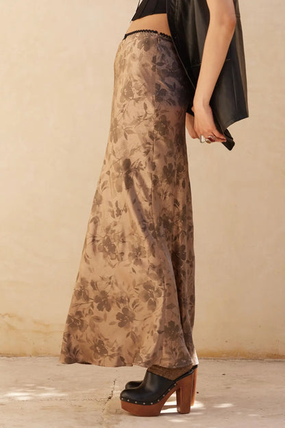 Flashy Flowers Floral Satin Maxi Skirt