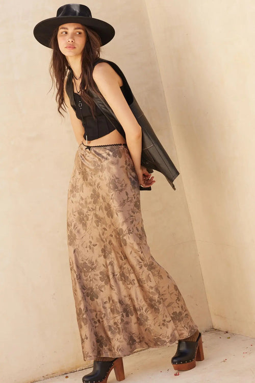 Flashy Flowers Floral Satin Maxi Skirt