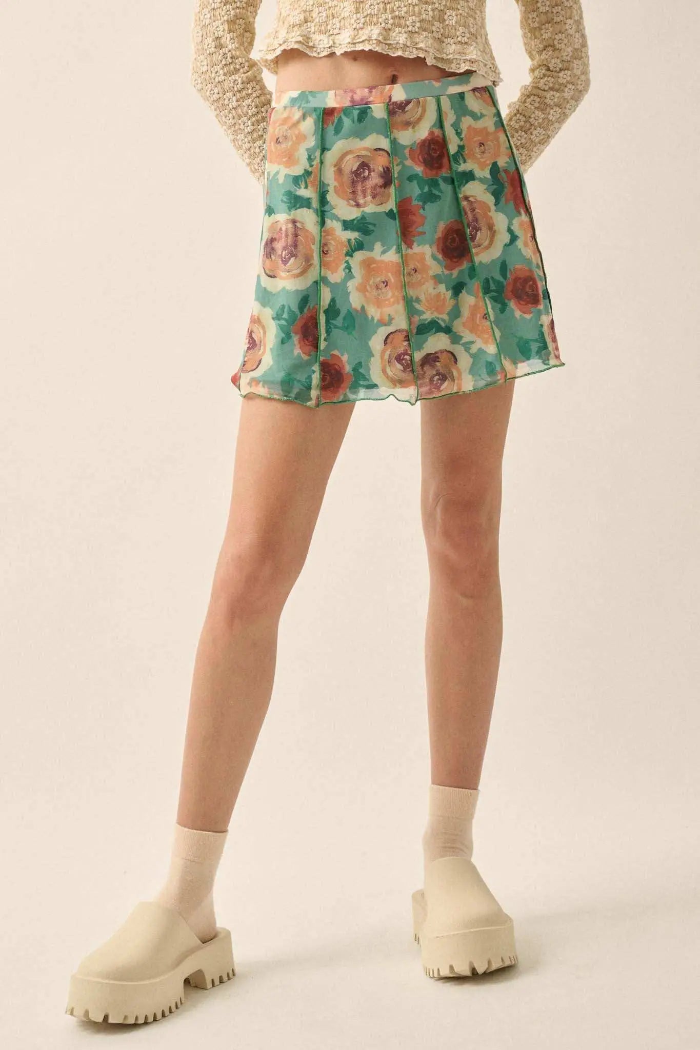 Rose Parade Floral Mesh Exposed-Seam Mini Skirt