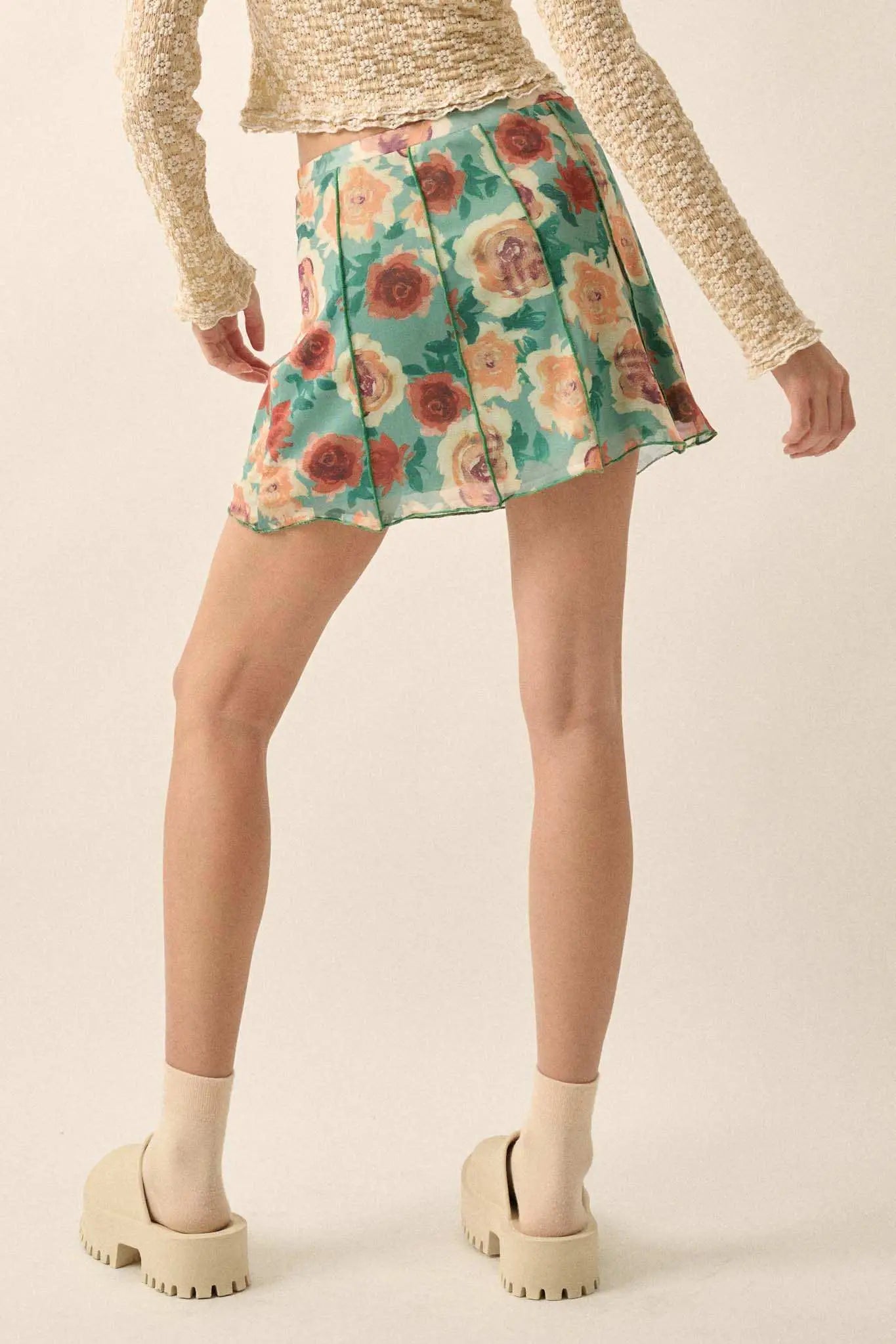 Rose Parade Floral Mesh Exposed-Seam Mini Skirt