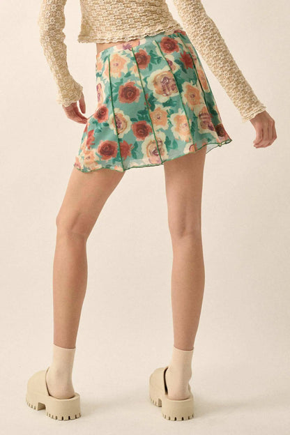 Rose Parade Floral Mesh Exposed-Seam Mini Skirt