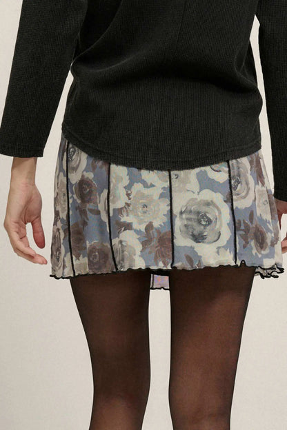 Rose Parade Floral Mesh Exposed-Seam Mini Skirt