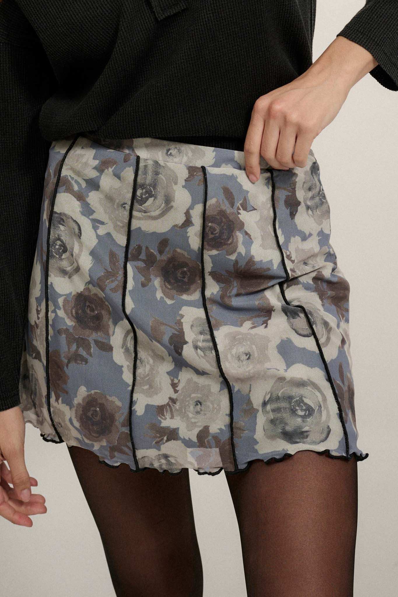 Rose Parade Floral Mesh Exposed-Seam Mini Skirt