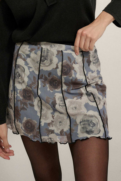 Rose Parade Floral Mesh Exposed-Seam Mini Skirt