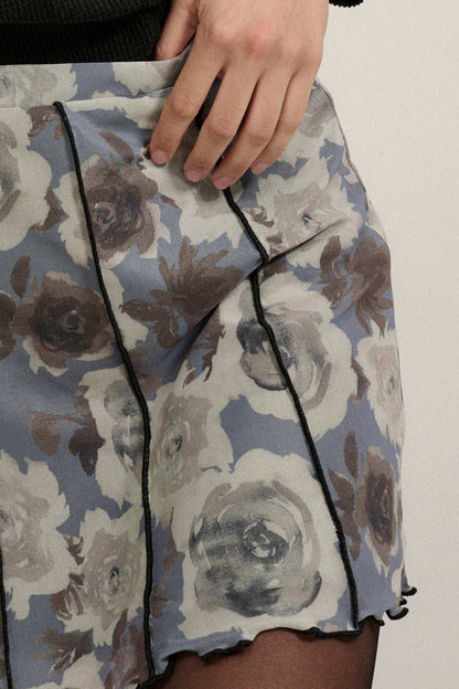 Rose Parade Floral Mesh Exposed-Seam Mini Skirt