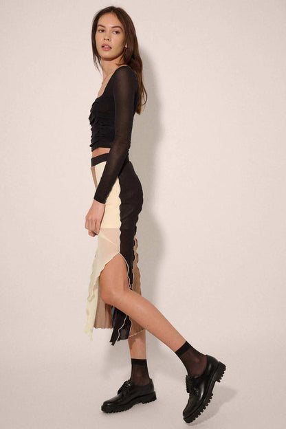 Neutral Territory Colorblock Mesh Midi Skirt