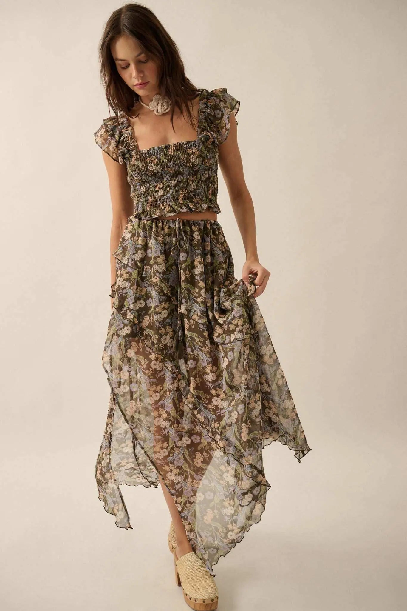 Enduring Beauty Asymmetrical Floral Ruffle Skirt