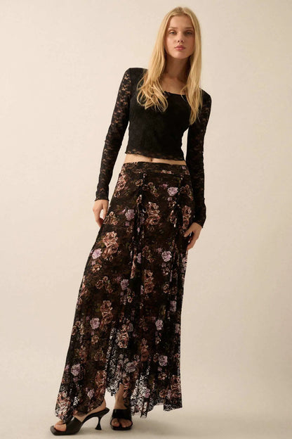 Secret Garden Floral-Print Lace Maxi Skirt