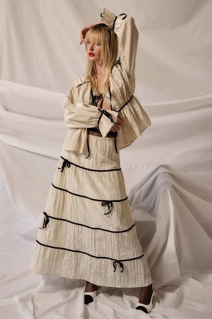 Romantic Dream Velvet-Trim Satin Tiered Maxi Skirt