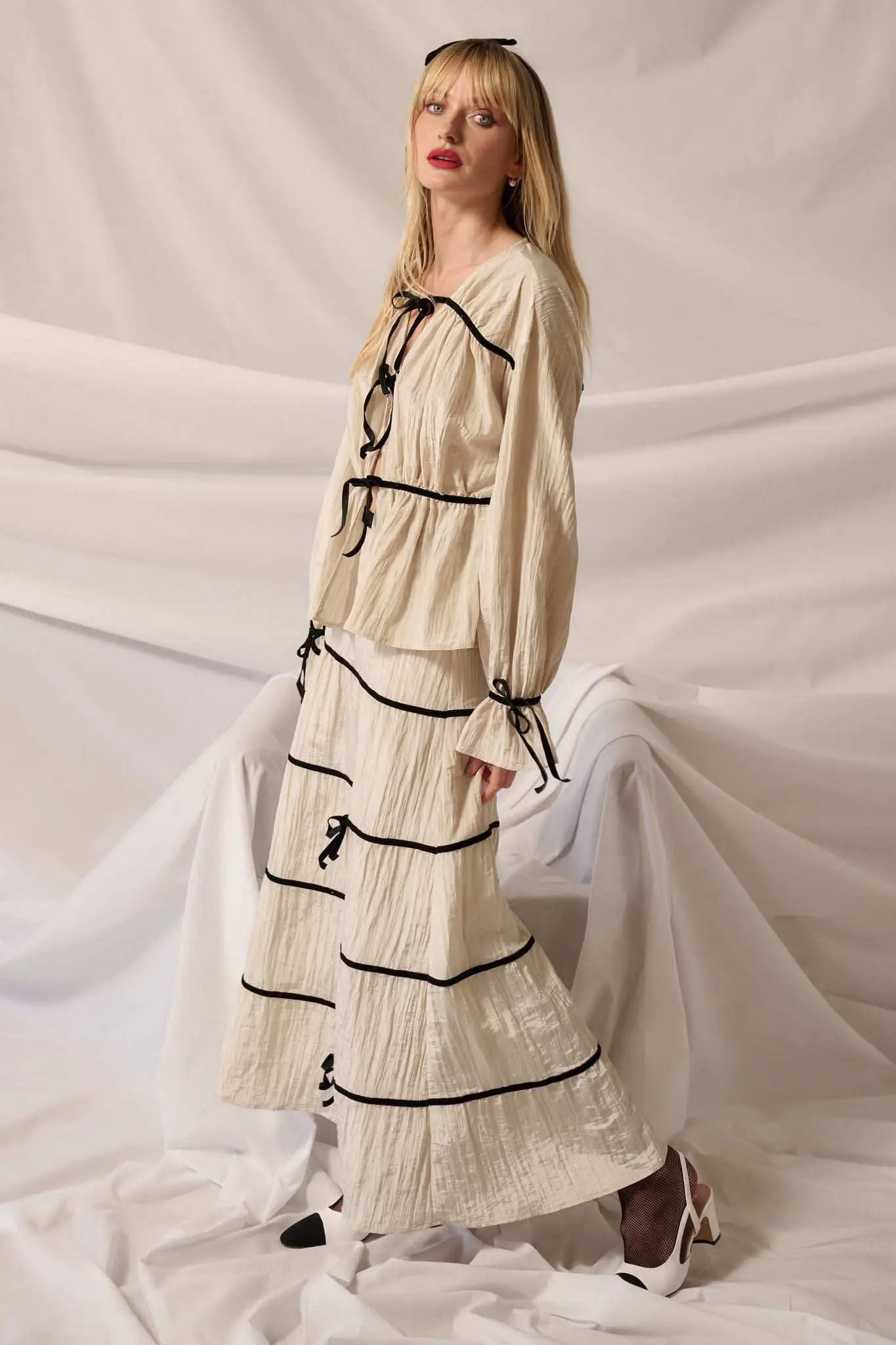 Romantic Dream Velvet-Trim Satin Tiered Maxi Skirt