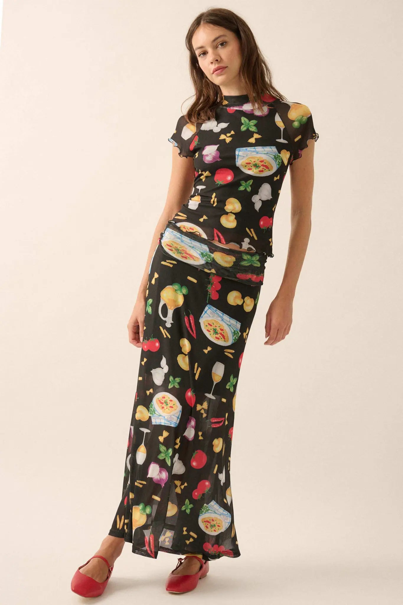 Molto Delizioso Printed Mesh Foldover Maxi Skirt