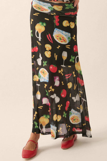 Molto Delizioso Printed Mesh Foldover Maxi Skirt
