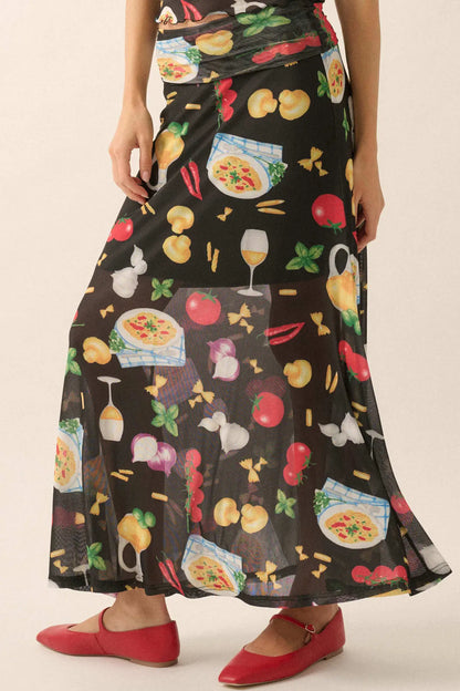 Molto Delizioso Printed Mesh Foldover Maxi Skirt