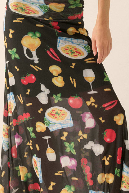 Molto Delizioso Printed Mesh Foldover Maxi Skirt