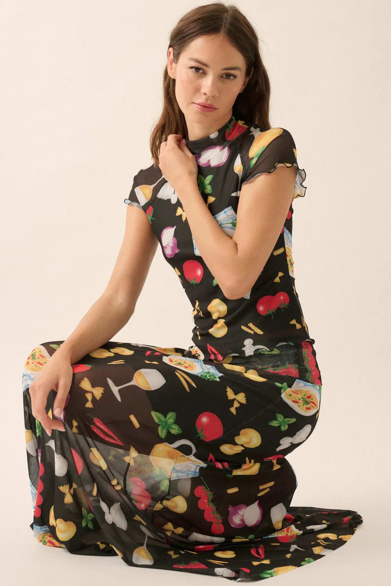 Molto Delizioso Printed Mesh Foldover Maxi Skirt