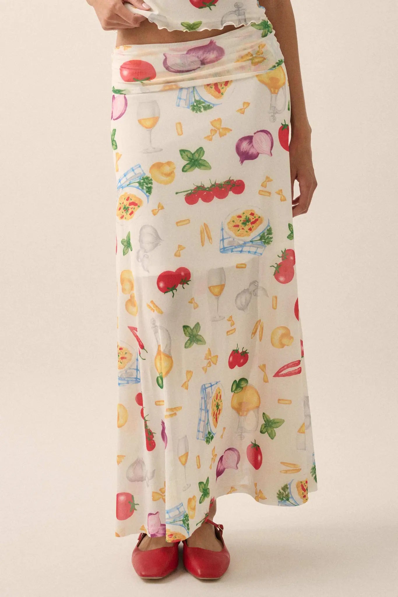 Molto Delizioso Printed Mesh Foldover Maxi Skirt