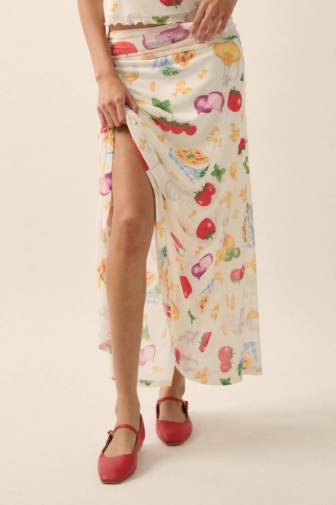 Molto Delizioso Printed Mesh Foldover Maxi Skirt