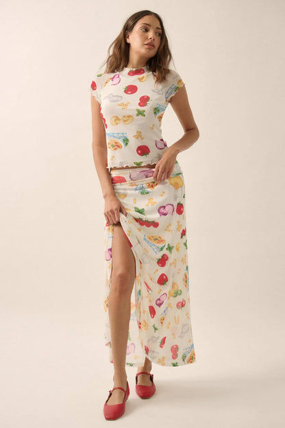 Molto Delizioso Printed Mesh Foldover Maxi Skirt