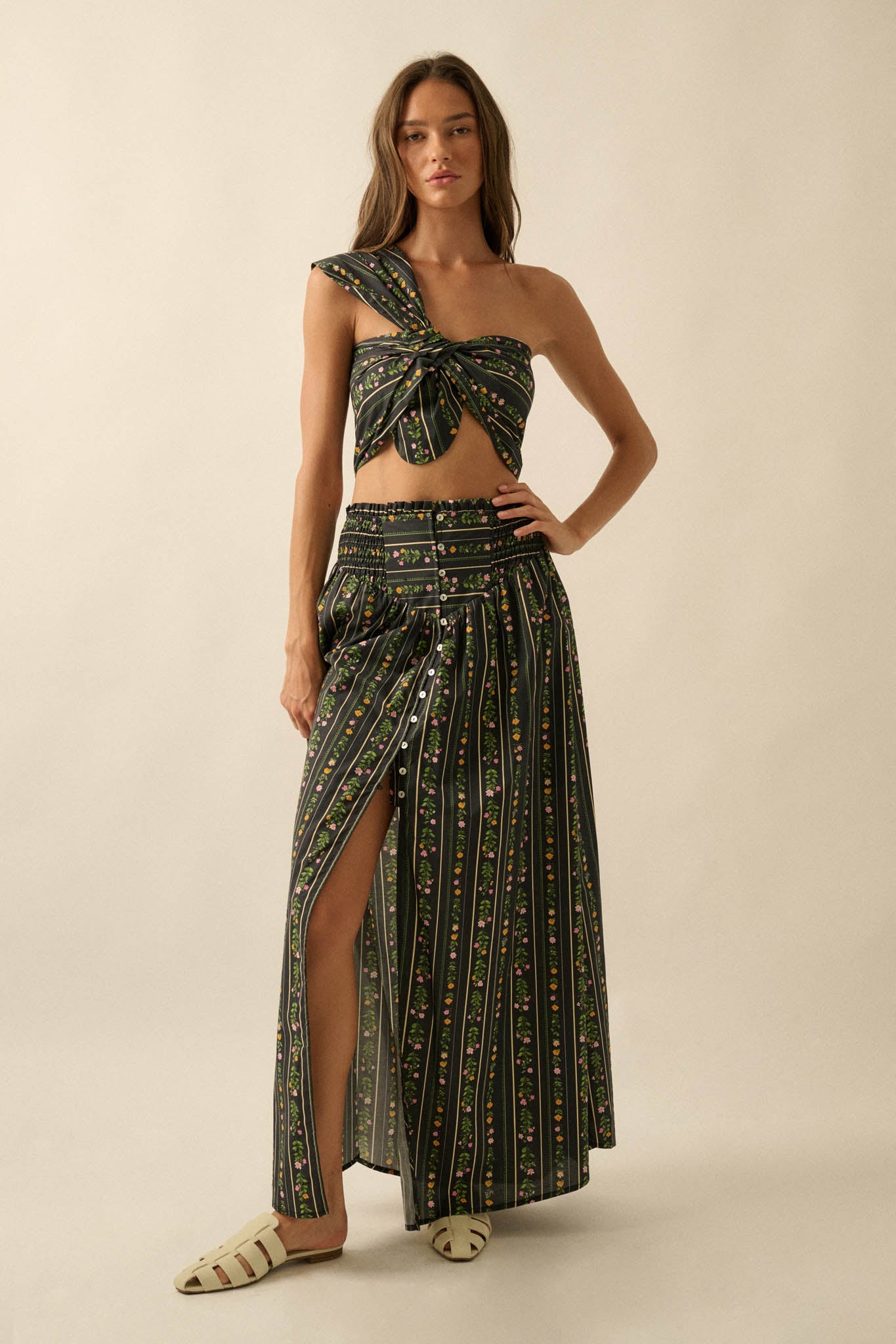 Fields in Bloom Floral-Stripe Button-Up Maxi Skirt