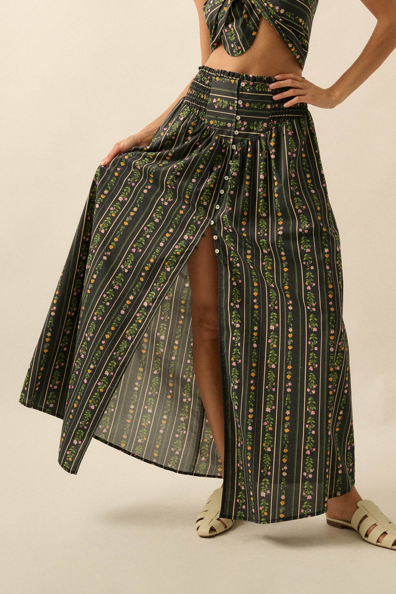 Fields in Bloom Floral-Stripe Button-Up Maxi Skirt