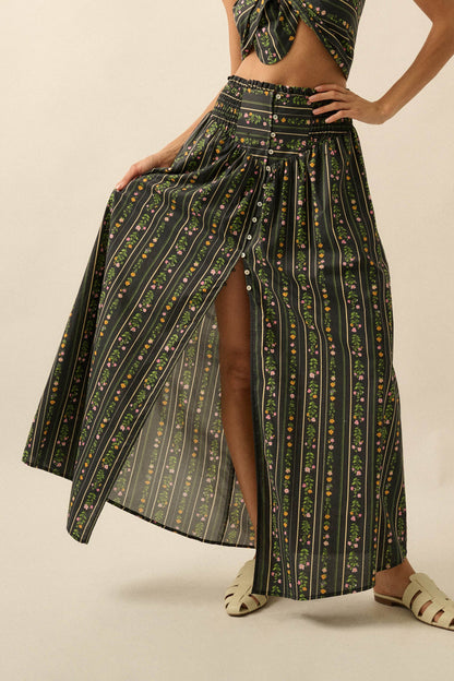 Fields in Bloom Floral-Stripe Button-Up Maxi Skirt