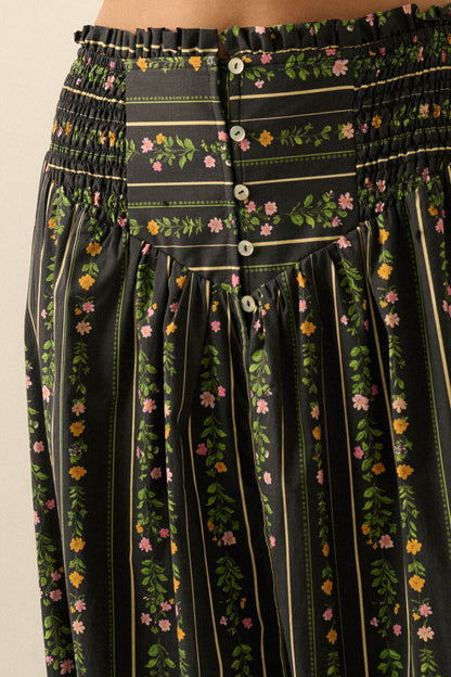Fields in Bloom Floral-Stripe Button-Up Maxi Skirt