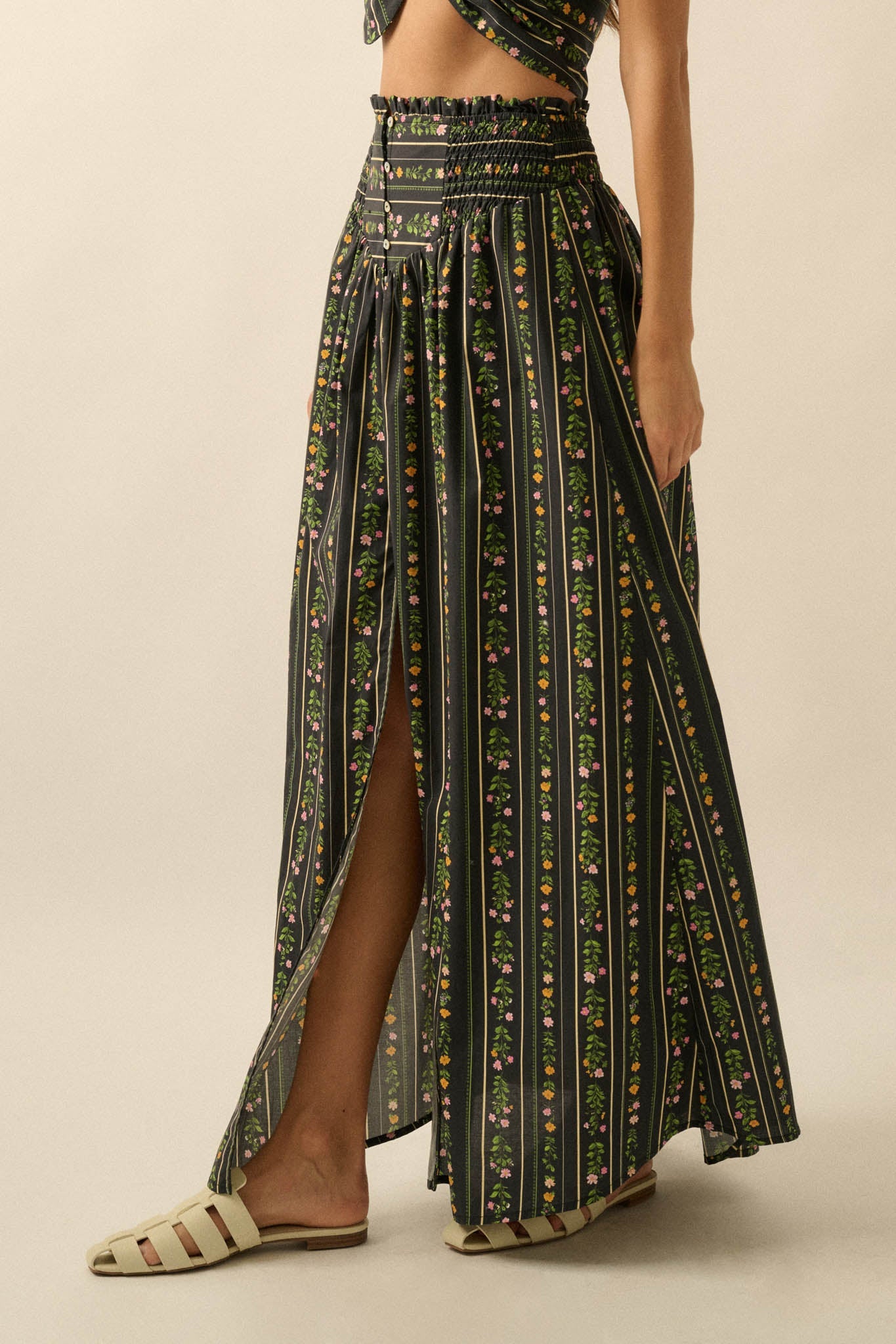 Fields in Bloom Floral-Stripe Button-Up Maxi Skirt