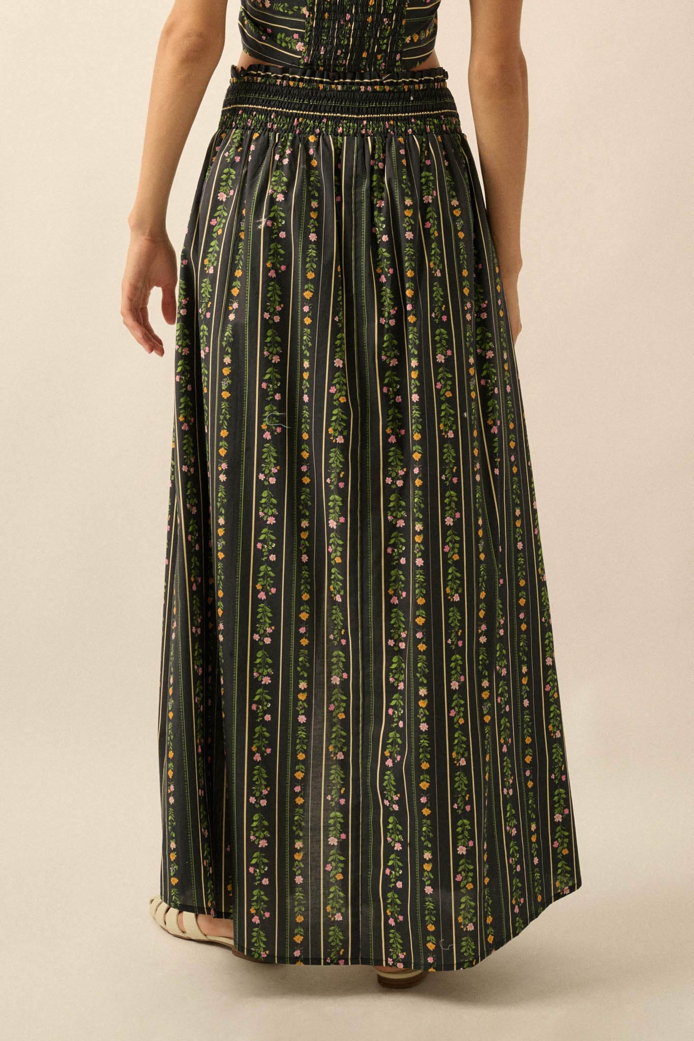 Fields in Bloom Floral-Stripe Button-Up Maxi Skirt