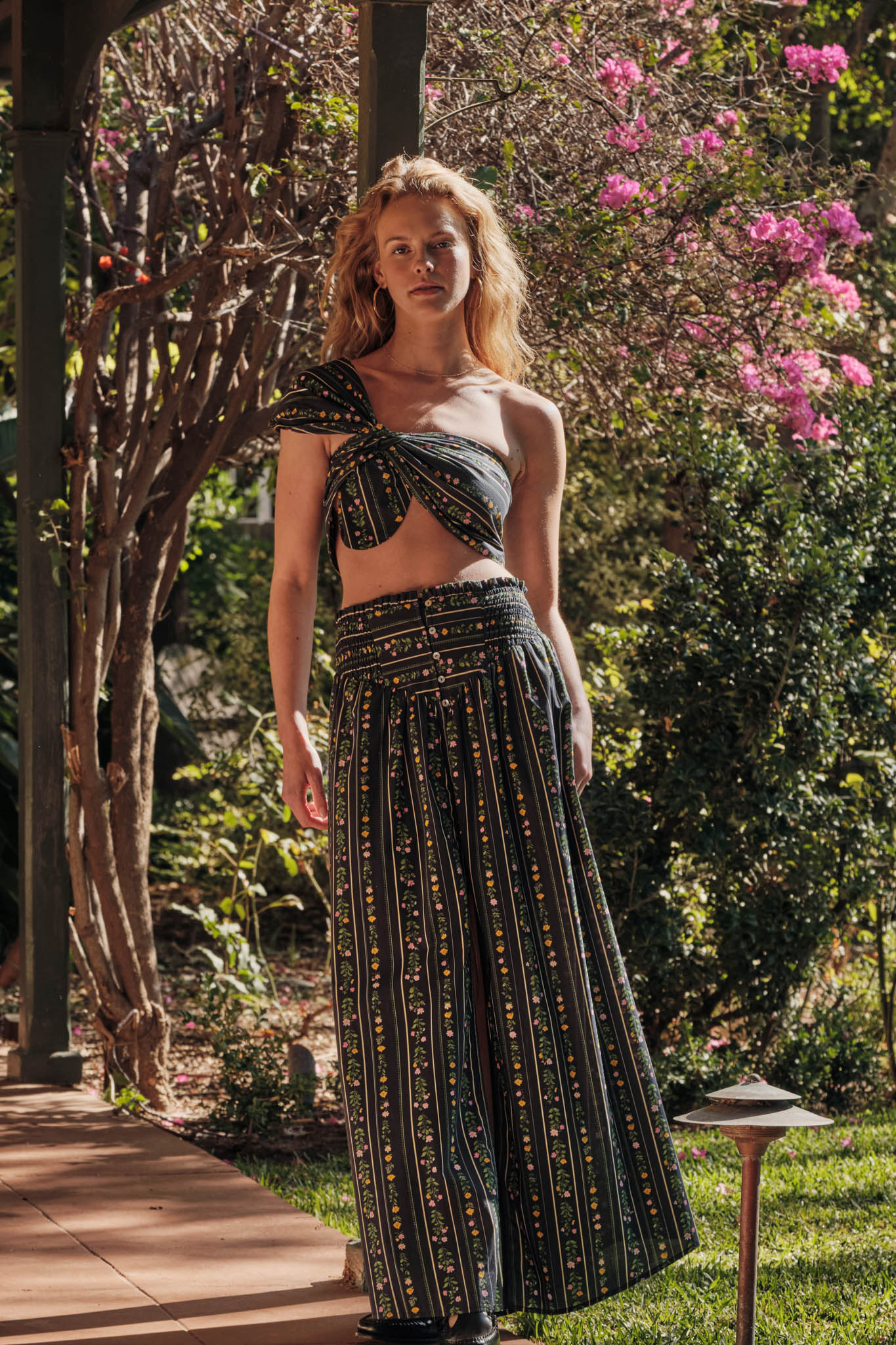 Fields in Bloom Floral-Stripe Button-Up Maxi Skirt