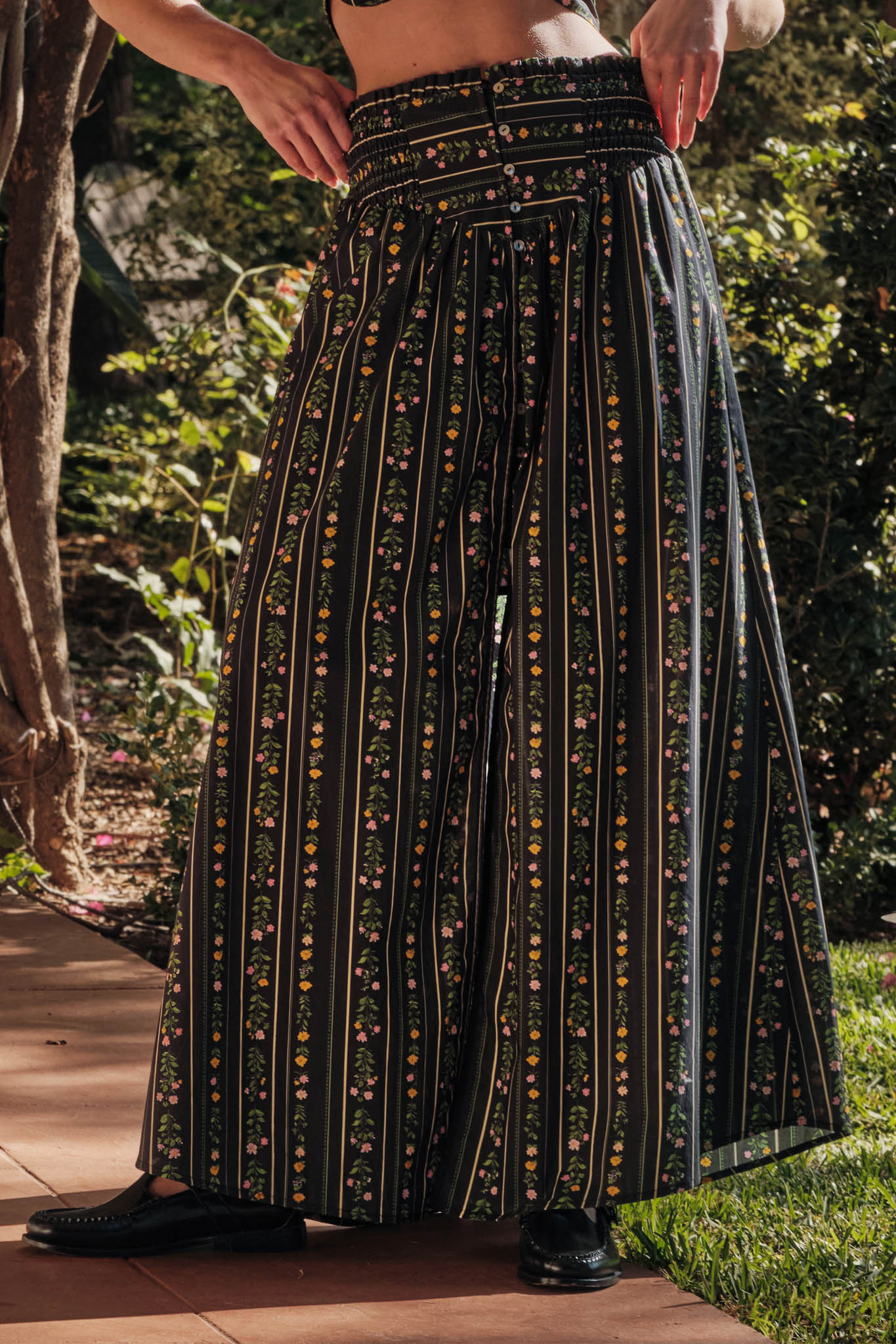 Fields in Bloom Floral-Stripe Button-Up Maxi Skirt