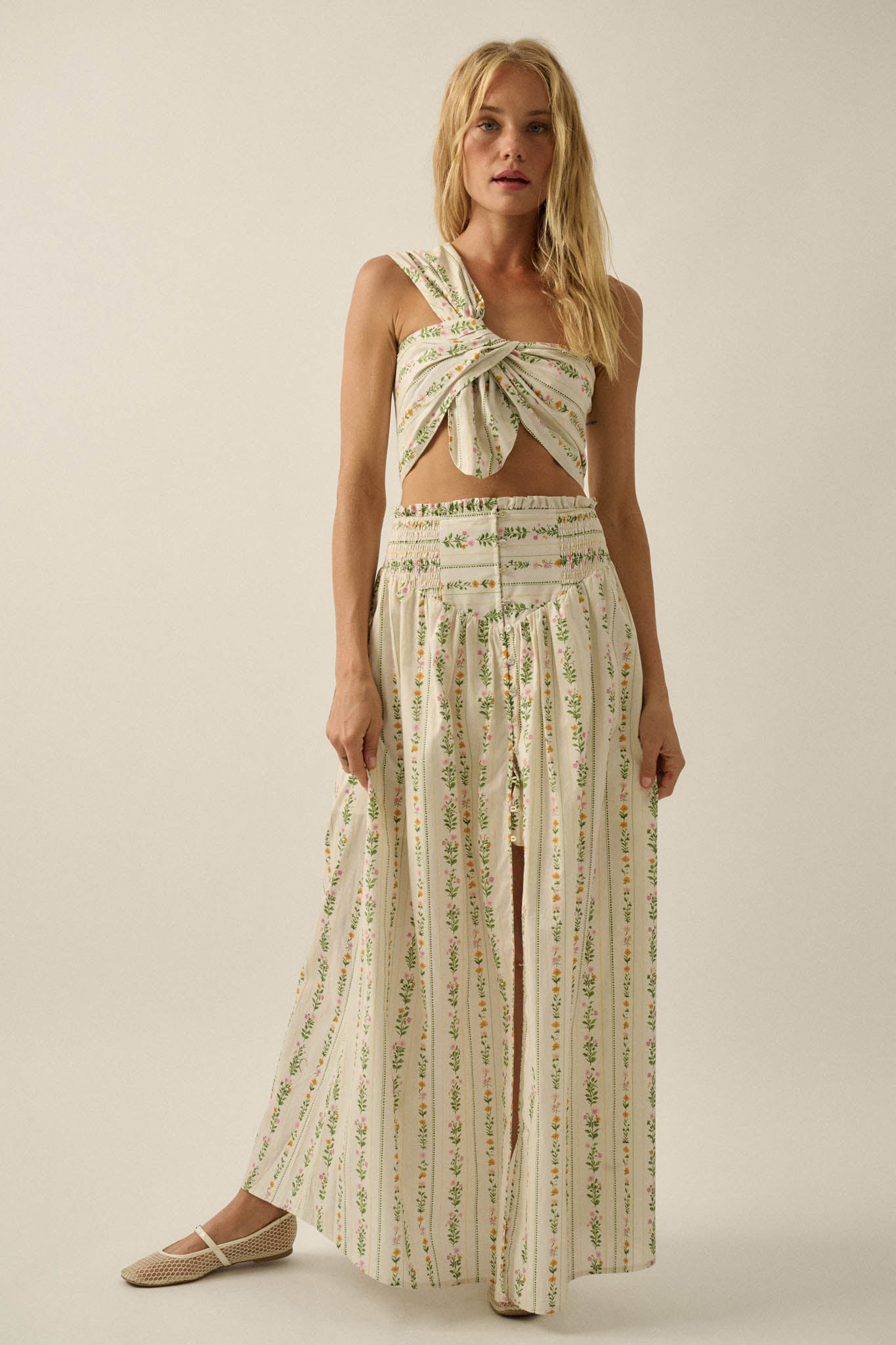 Fields in Bloom Floral-Stripe Button-Up Maxi Skirt