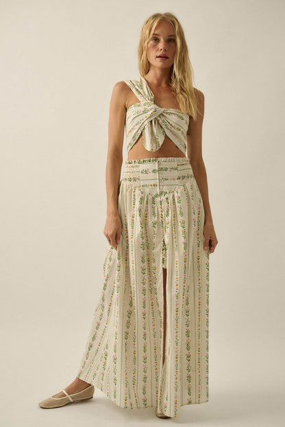 Fields in Bloom Floral-Stripe Button-Up Maxi Skirt