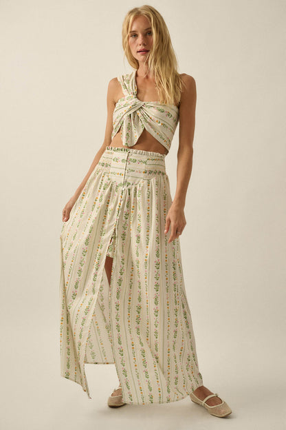 Fields in Bloom Floral-Stripe Button-Up Maxi Skirt