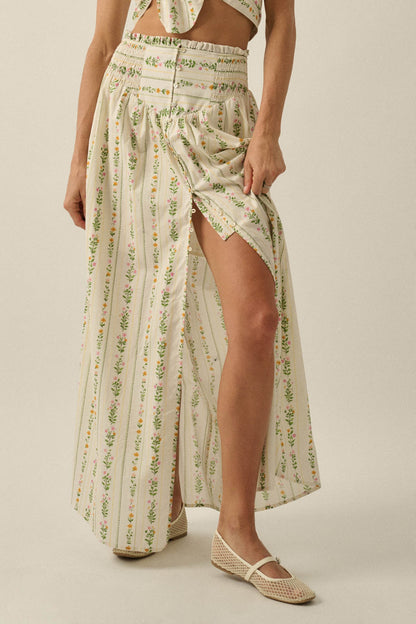 Fields in Bloom Floral-Stripe Button-Up Maxi Skirt