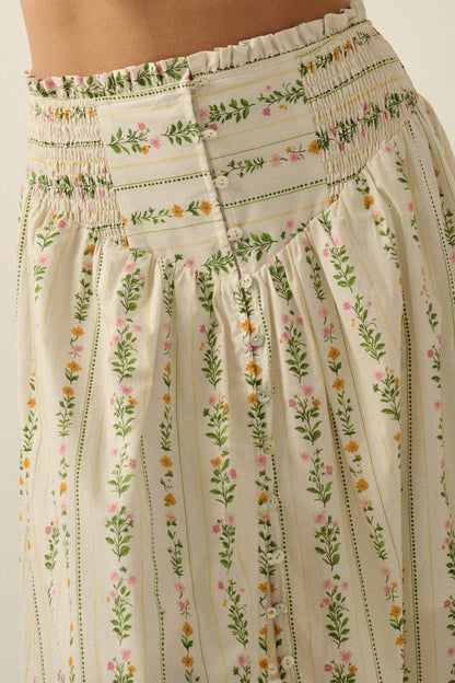 Fields in Bloom Floral-Stripe Button-Up Maxi Skirt