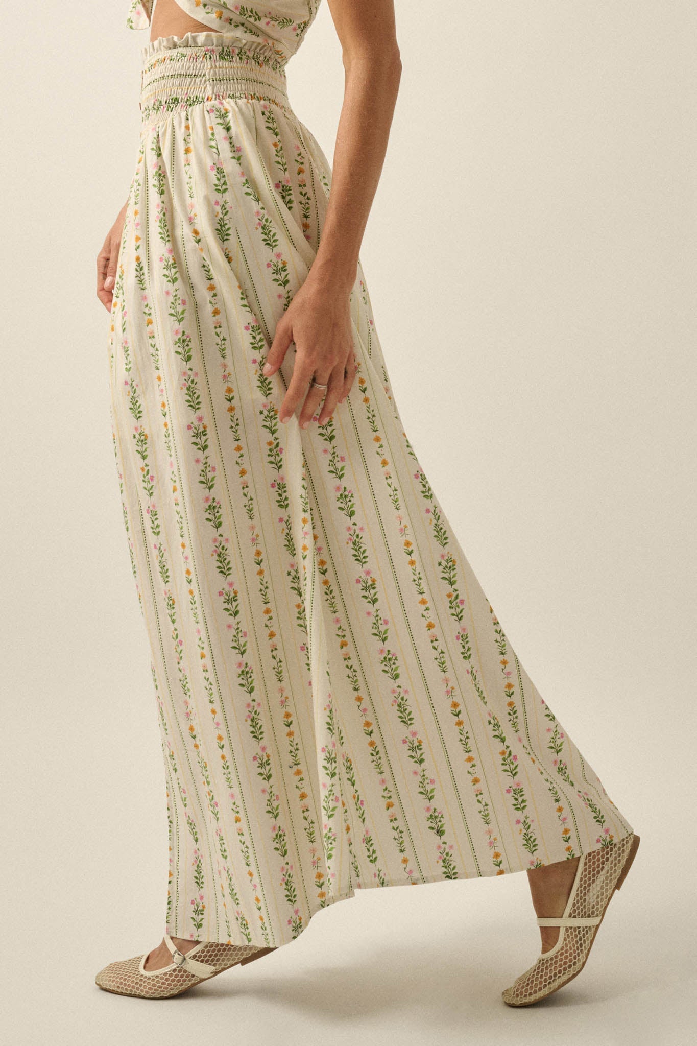 Fields in Bloom Floral-Stripe Button-Up Maxi Skirt