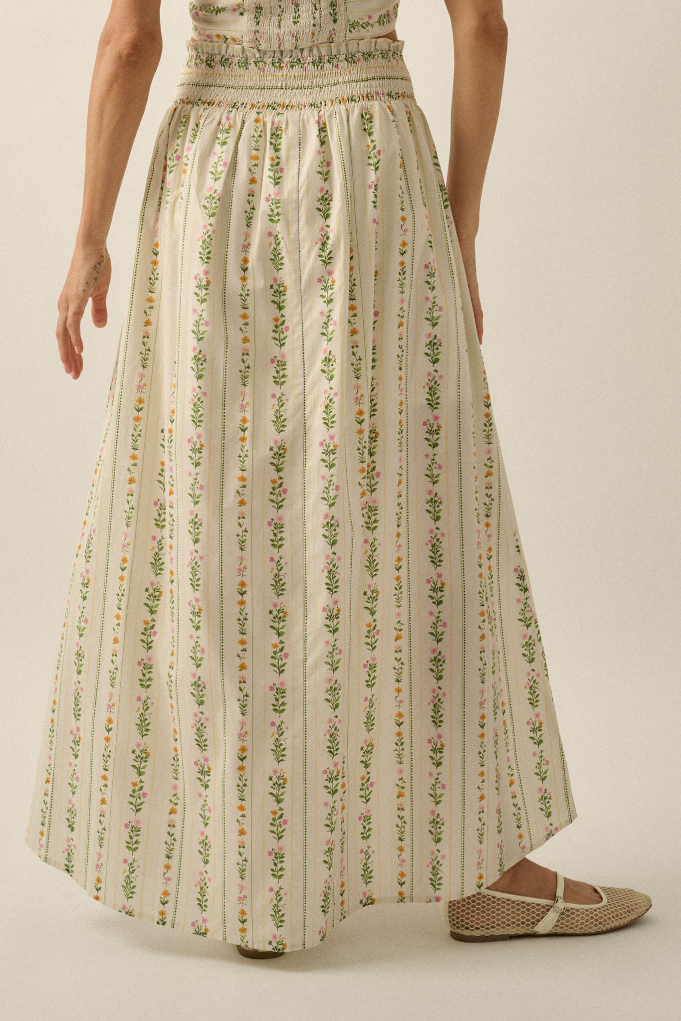 Fields in Bloom Floral-Stripe Button-Up Maxi Skirt