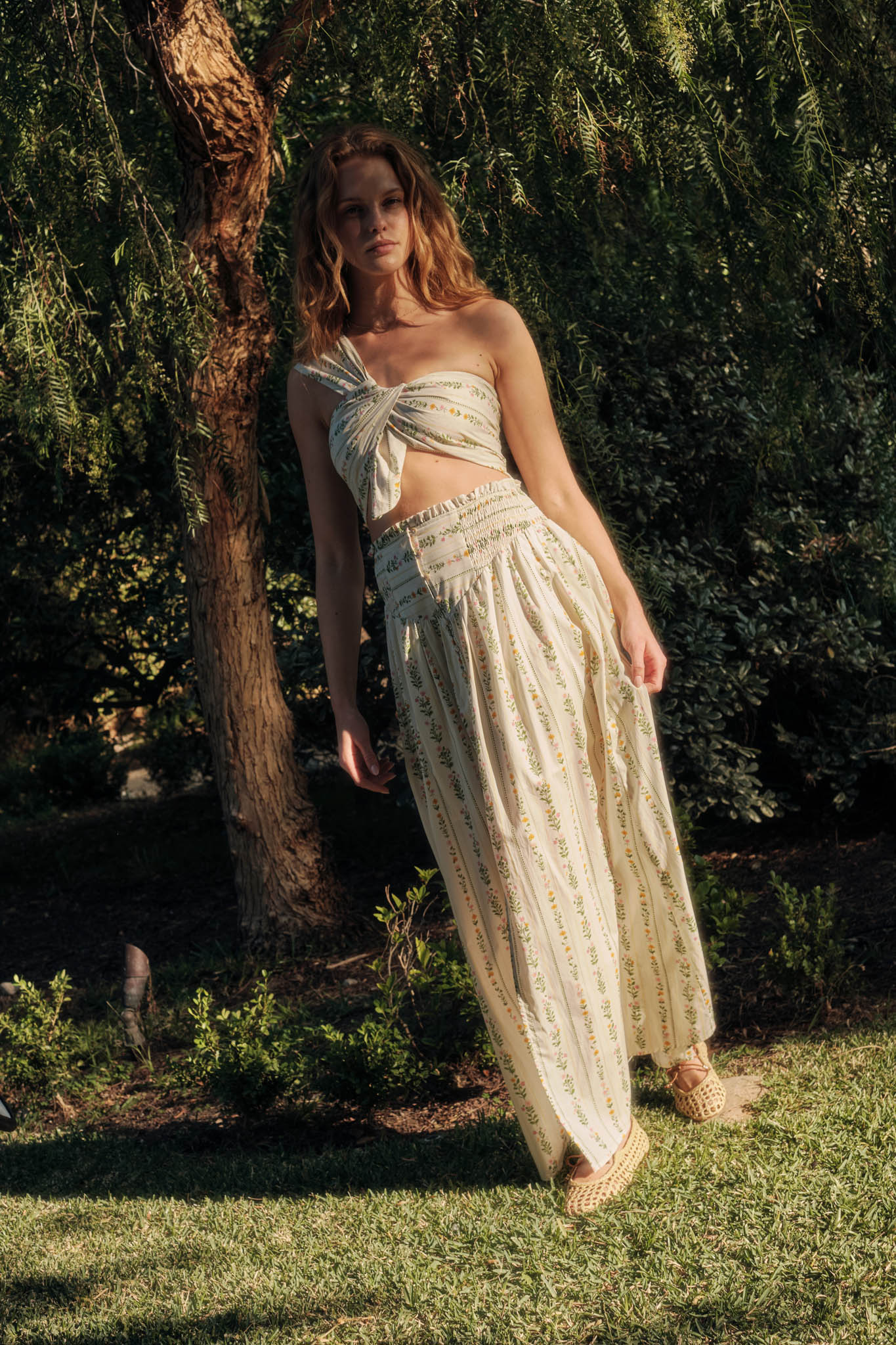 Fields in Bloom Floral-Stripe Button-Up Maxi Skirt