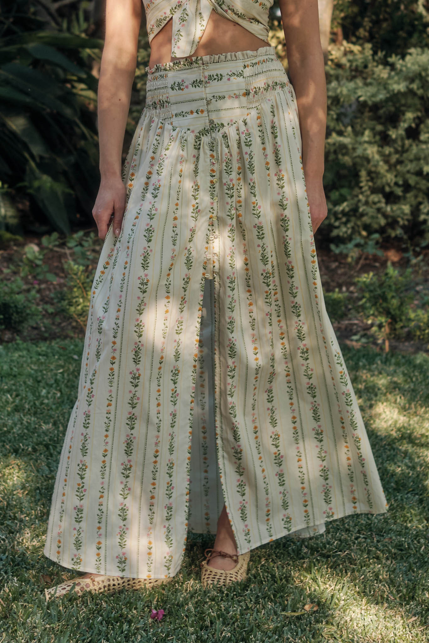Fields in Bloom Floral-Stripe Button-Up Maxi Skirt