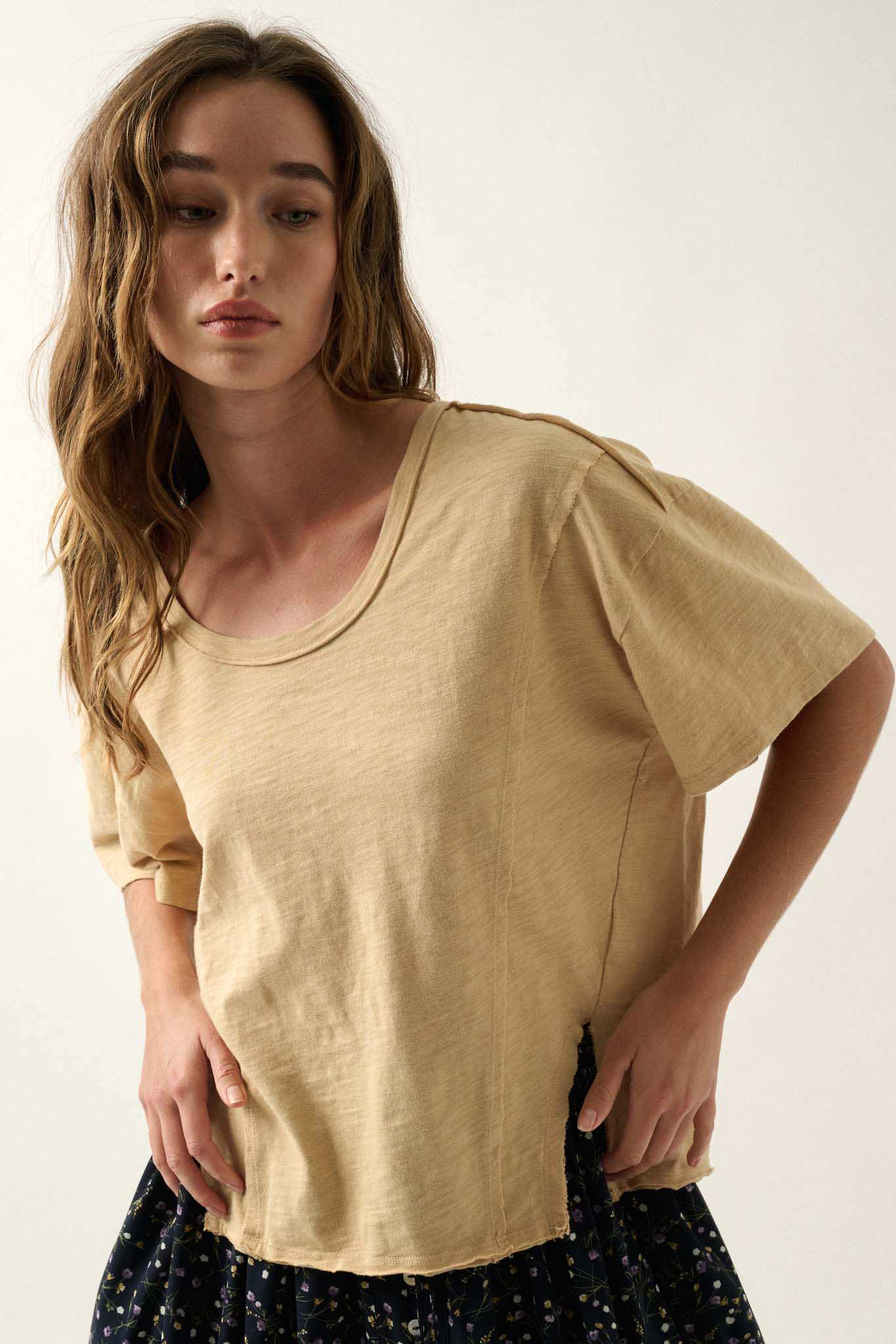 Easy Fit Vintage-Wash Slub Cotton Split-Hem Tee
