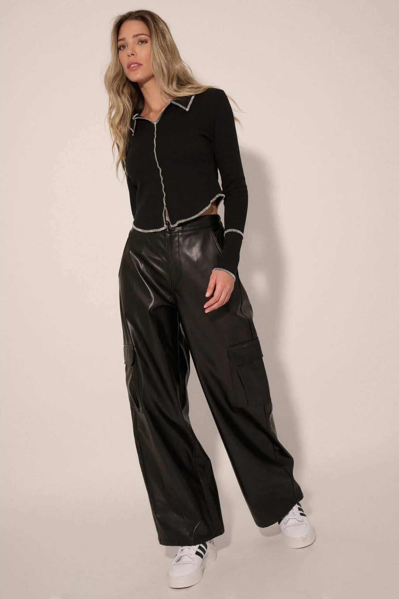 Sew Into You Contrast Stitch Collared Rib-Knit Top
